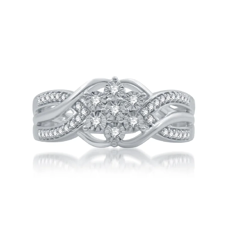 Engraved initial ring-1/4 CTW Diamond Illusion Set Fashion Ring in Rhodium Plated Sterling Silver