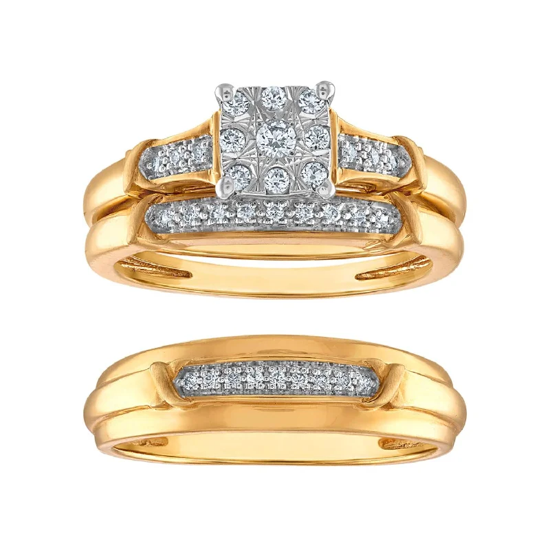 Sunken stone ring-1/4 CTW Diamond Wedding Trio Set in 10KT White and Yellow Gold