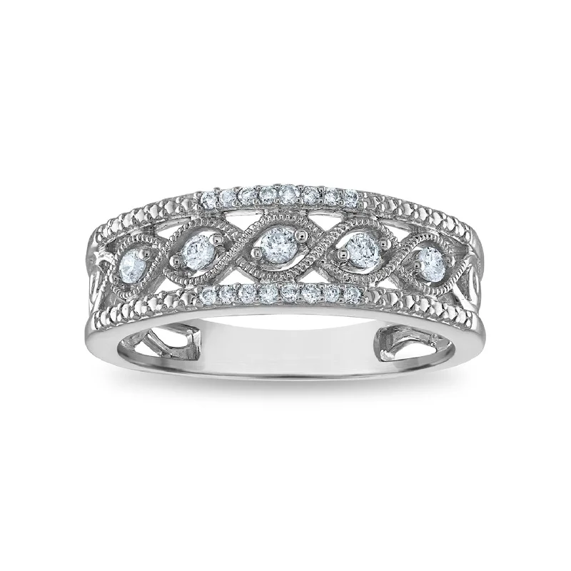 Grooved rim ring-1/5 CTW Diamond Fashion Anniversary Ring in Rhodium Plated Sterling Silver