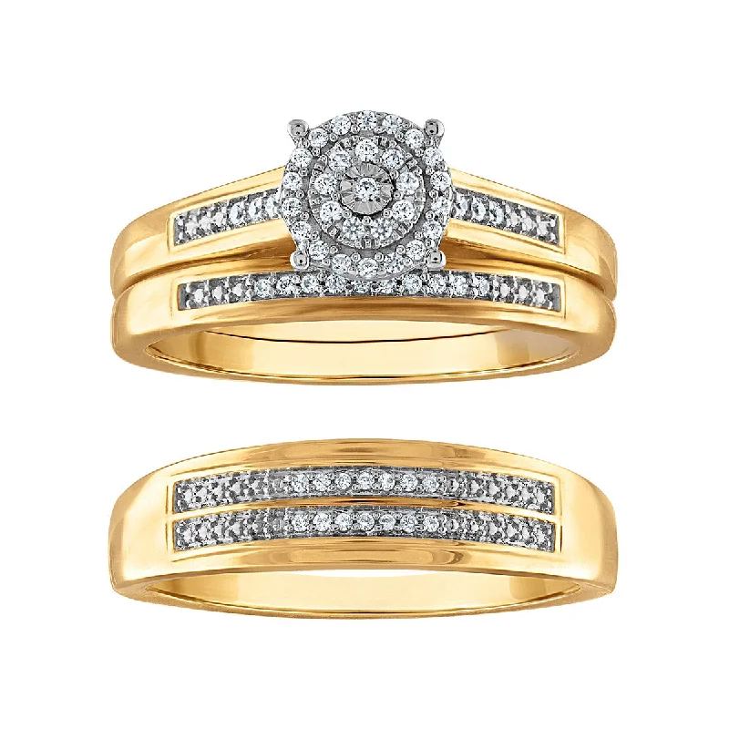 Hovering stone ring-1/5 CTW Diamond Halo Wedding Trio Set in 10KT Yellow Gold