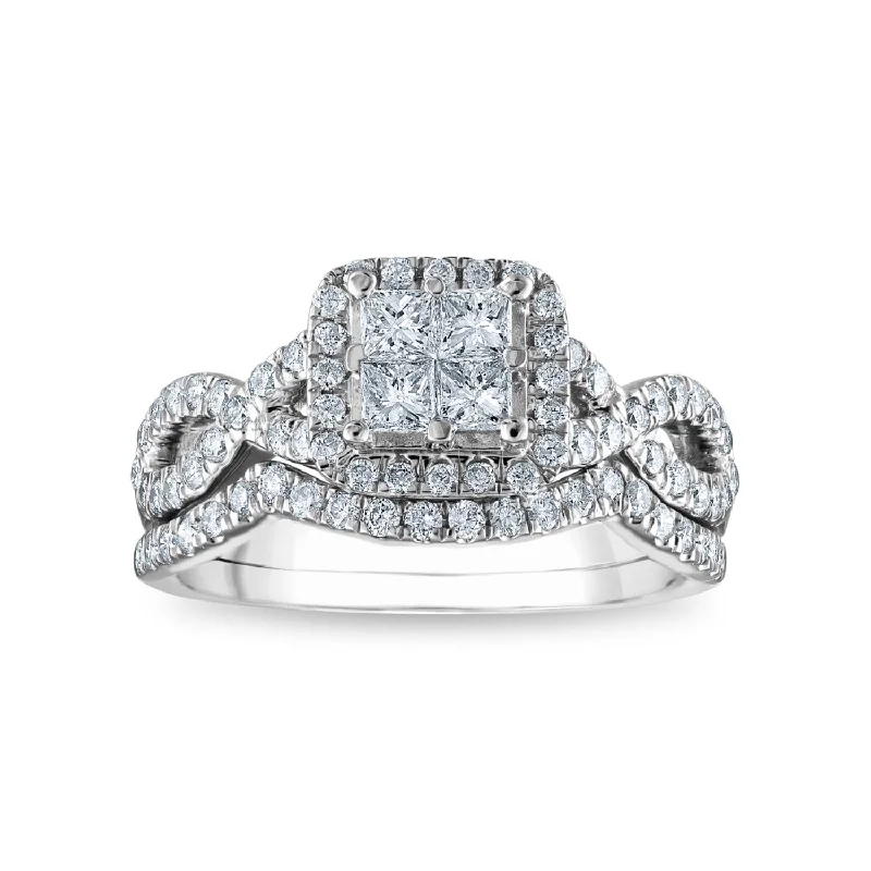 Ragged edge ring-1 CTW Diamond Halo Bridal Set Ring in 10KT White Gold