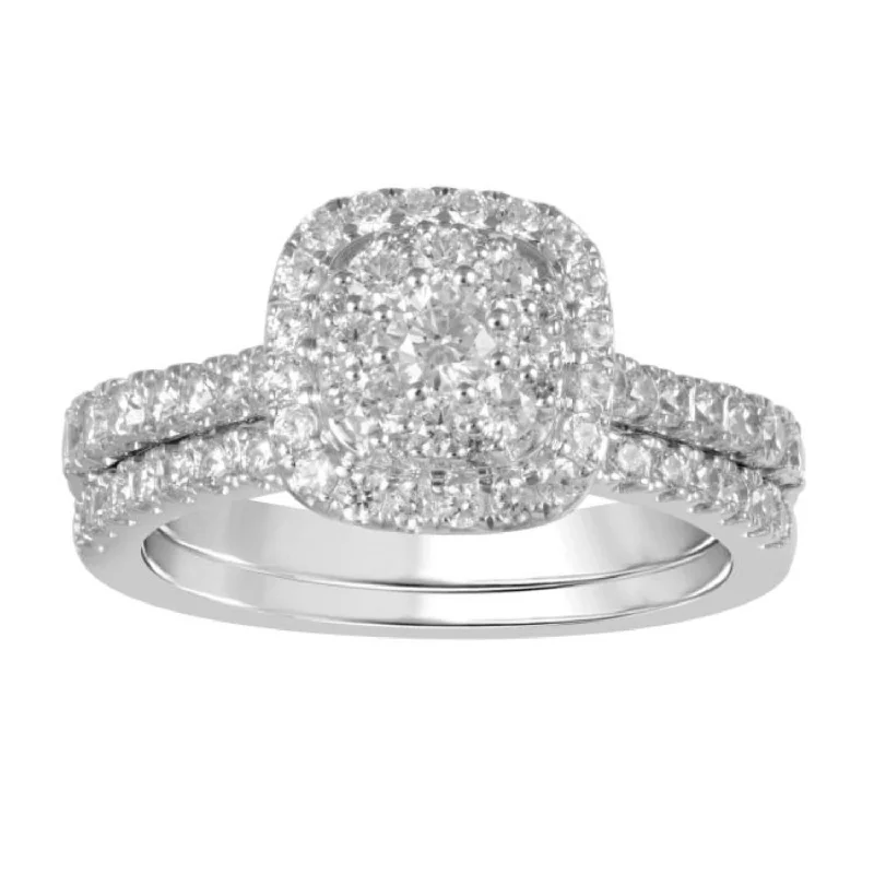 Twinkling crystal ring-LoveSong EcoLove 1 CTW Lab Grown Diamond Cluster Halo Bridal Set in 10KT White Gold