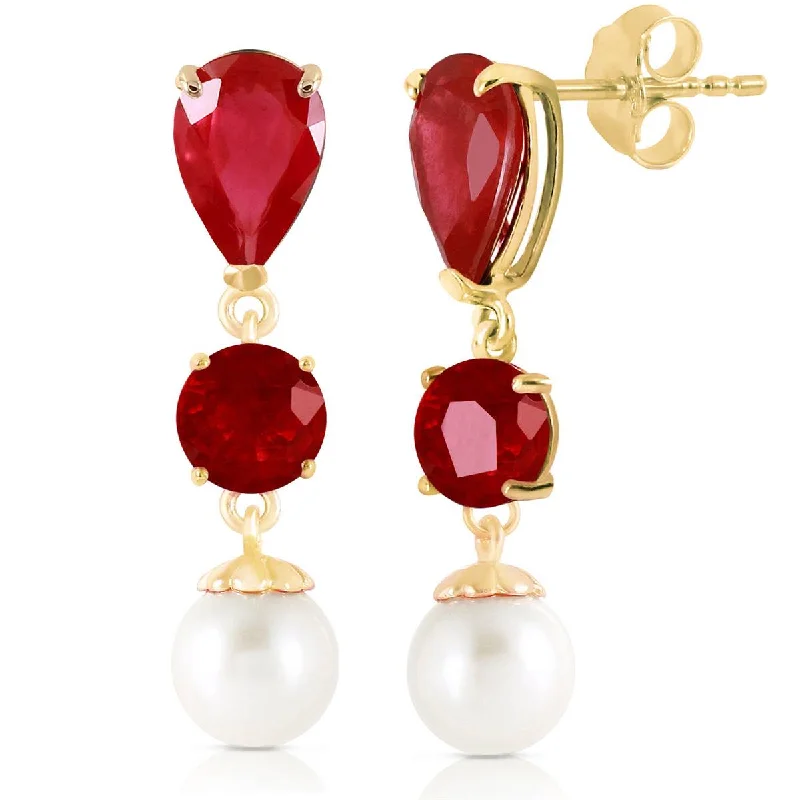 Peaked ridge earrings-10.1 Carat 14K Solid Yellow Gold Chandelier Earrings Ruby Pearl