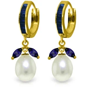 Ten-gem earrings-10.3 Carat 14K Solid Yellow Gold Majorca Sapphire Pearl Earrings