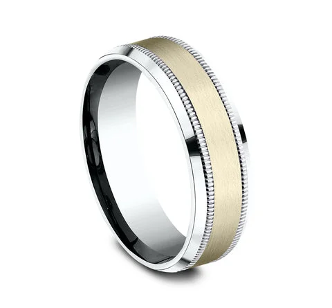 Engraved initial ring-10K White & Yellow Gold Men's Wedding Ring with Satin Center, Milgrain and Polished Edge