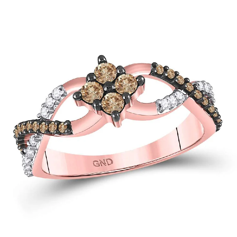 Stamped design ring-10kt Rose Gold Womens Round Brown Diamond Cluster Twist Ring 1/2 Cttw