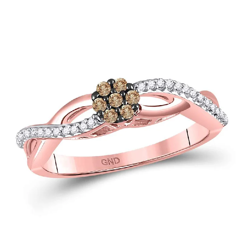 Fine-level ring-10kt Rose Gold Womens Round Brown Diamond Cluster Twist Ring 1/6 Cttw