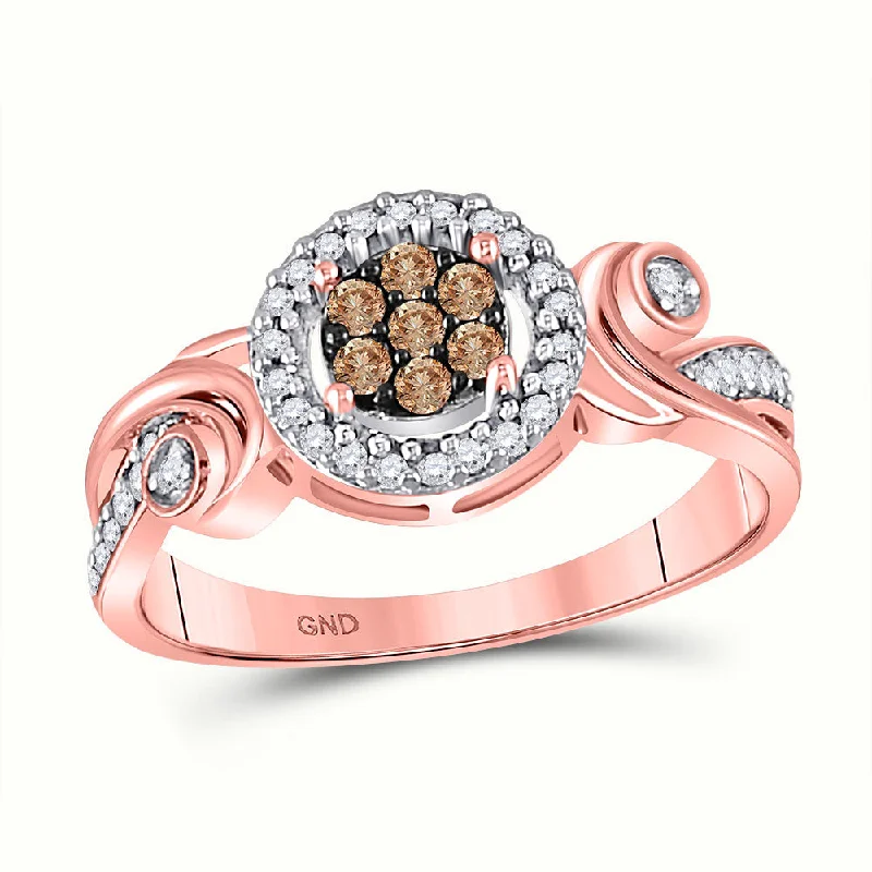 Sunken stone ring-10kt Rose Gold Womens Round Brown Diamond Fashion Cluster Ring 1/4 Cttw