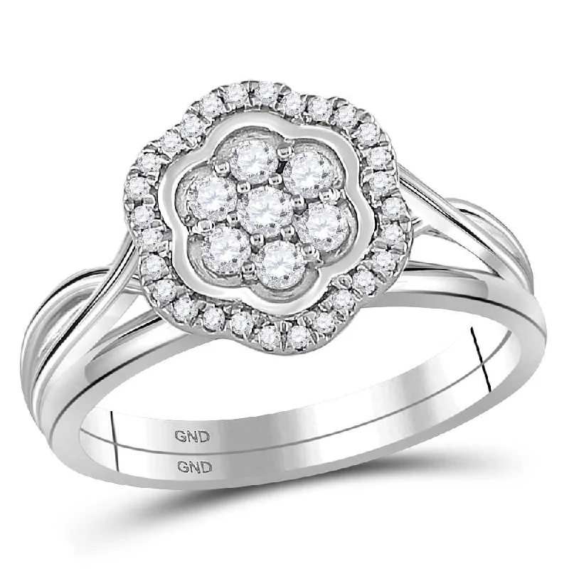 Delicate silver ring-10kt White Gold Round Diamond Cluster Bridal Wedding Ring Band Set 1/3 Cttw