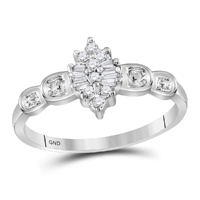 Nonagonal stone ring-10kt White Gold Womens Round Baguette Prong-set Diamond Oval Cluster Ring 1/10 Cttw