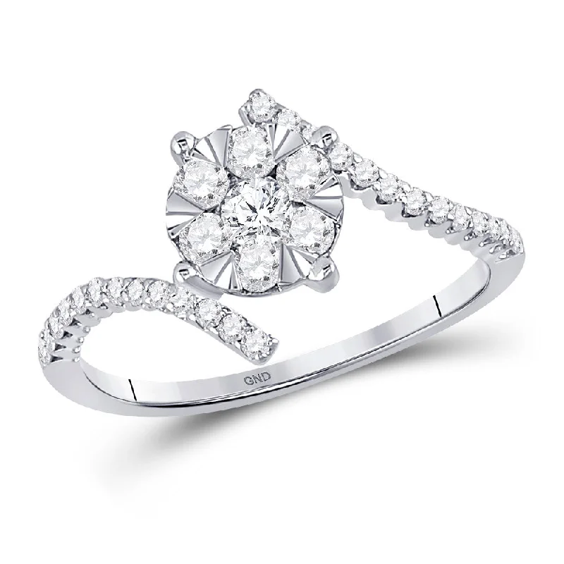 Shimmering jade ring-10kt White Gold Womens Round Diamond Bypass Flower Cluster Ring 1/2 Cttw