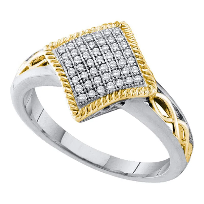 Swept gem ring-10kt White Gold Womens Round Diamond Diagonal Square Milgrain Frame Cluster Ring 1/6 Cttw