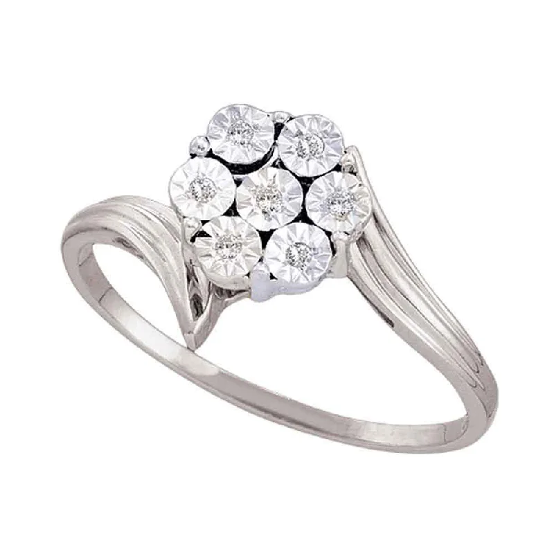 Tesselated band ring-10kt White Gold Womens Round Diamond Miracle Flower Cluster Ring 1/20 Cttw