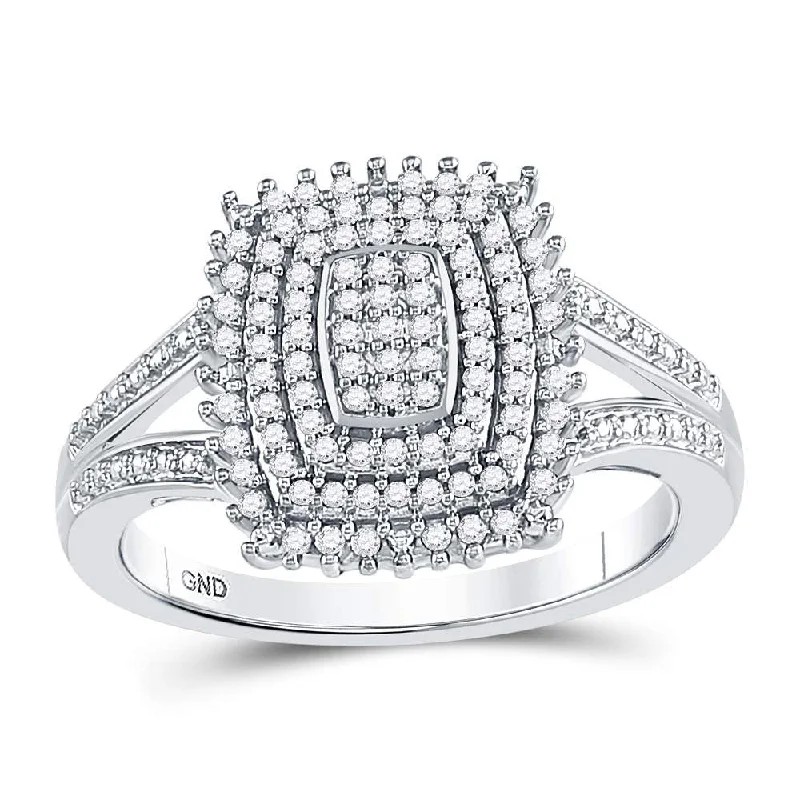 Ridge-set ring-10kt White Gold Womens Round Diamond Rectangle Cluster Split-shank Ring 1/4 Cttw