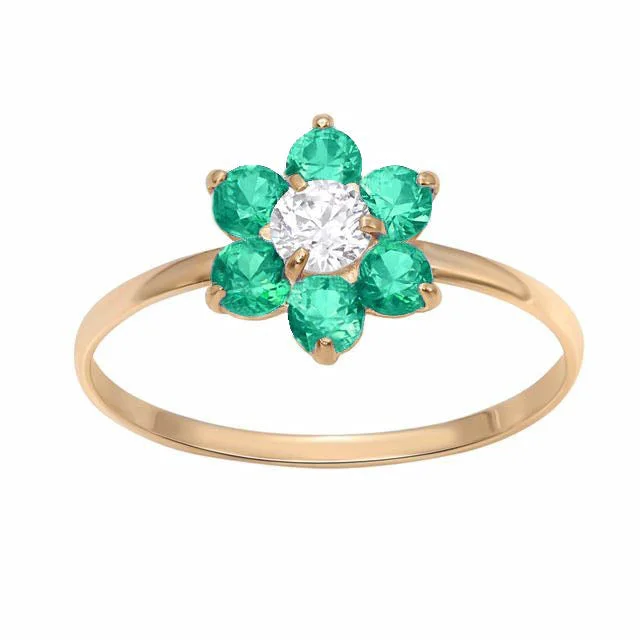 Natural garnet ring-10KT Yellow Gold Emerald Childrens Birthstone Flower Ring; Size 3