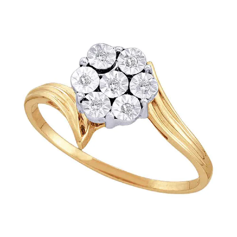 Angled stone ring-10kt Yellow Gold Womens Round Diamond Miracle Flower Cluster Ring 1/20 Cttw