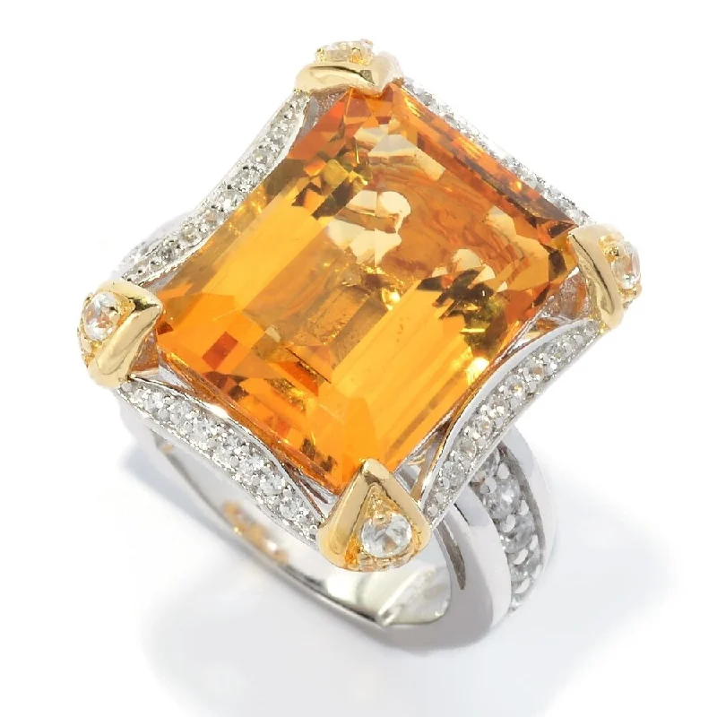 Hand-grooved ring-12.22ctw Emerald Cut Honey Citrine & White Zircon Ring