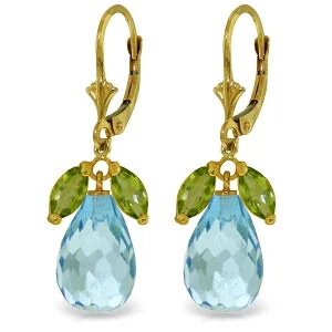 Dainty filigree earrings-14.4 Carat 14K Solid Yellow Gold Leverback Earrings Peridot Blue Topaz