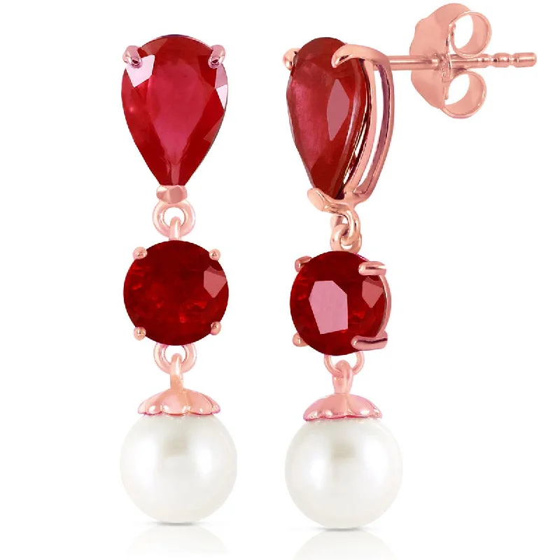 Angled stone earrings-14K Solid Rose Gold Chandelier Fine Ruby & Pearl Earrings