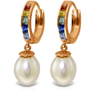 Glowing minimalist earrings-14K Solid Rose Gold Hoop Multicolor Sapphire & Pearl Earrings Certified