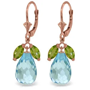 Satin titanium earrings-14K Solid Rose Gold Leverback Earrings Peridot & Blue Topaz Series