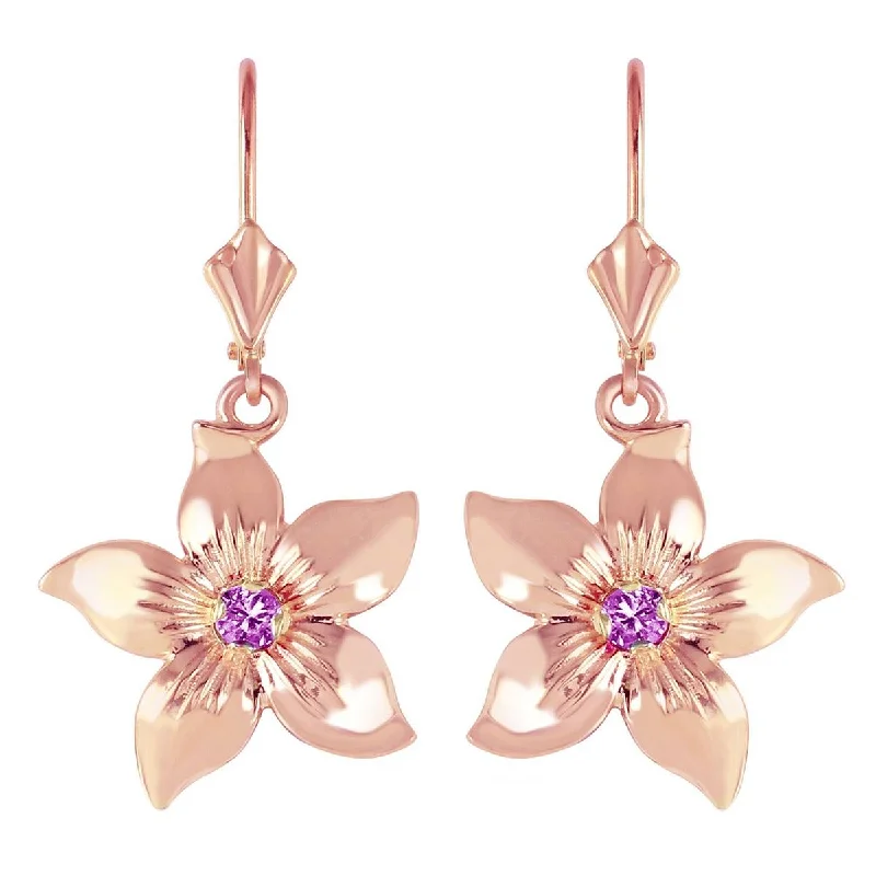 Raised-tier earrings-14K Solid Rose Gold Leverback Flowers Earrings w/ Amethysts