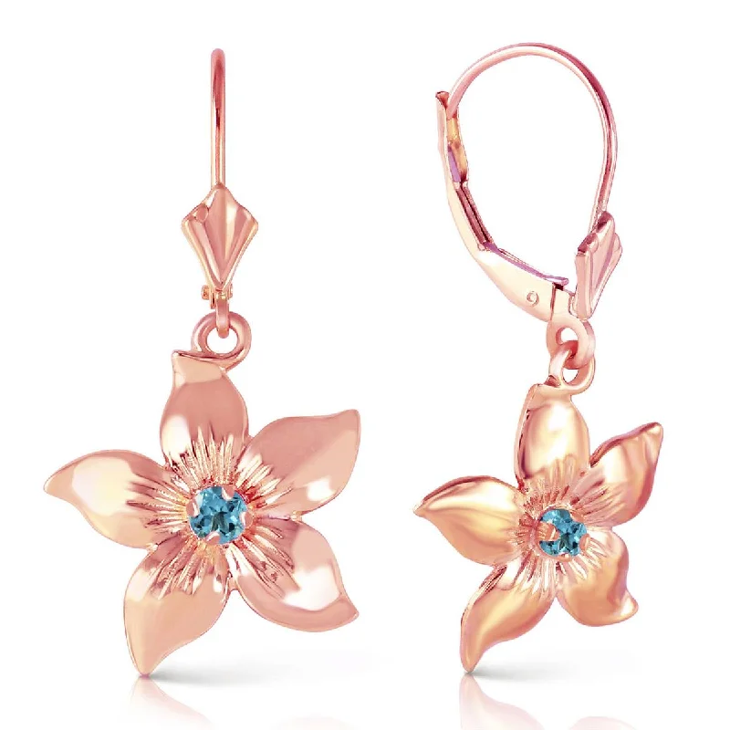 Shimmering jade earrings-14K Solid Rose Gold Leverback Flowers Earrings w/ Blue Topaz