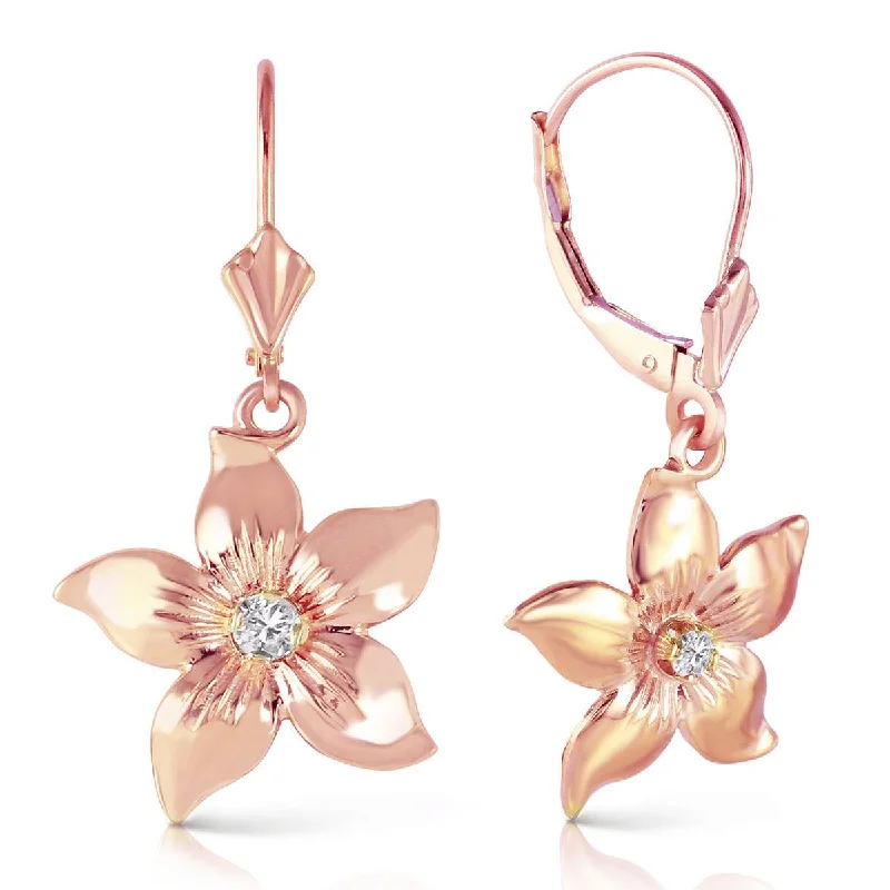 Gentle wave earrings-14K Solid Rose Gold Leverback Flowers Earrings w/ Diamond