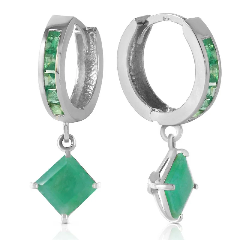 Satin gold earrings-14K. SOLID WHITE GOLD HOOP EARRING WITH DANGLING EMERALDS