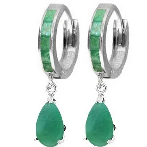 Crafted gold earrings-14K. SOLID WHITE GOLD HOOP HUGGIE EARRING WITH EMERALDS