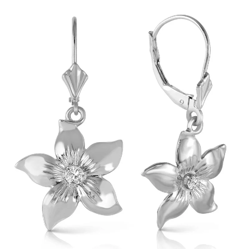 Wire-curve earrings-14K Solid White Gold Leverback Flowers Earrings Diamond