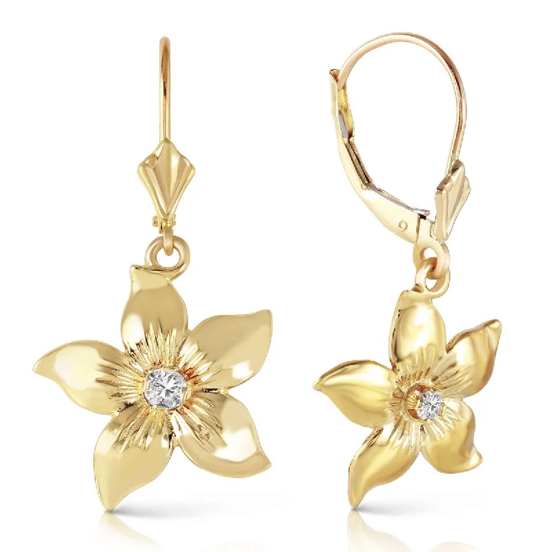 Retro topaz earrings-14K Solid Yellow Gold Leverback Flowers Earrings Diamond