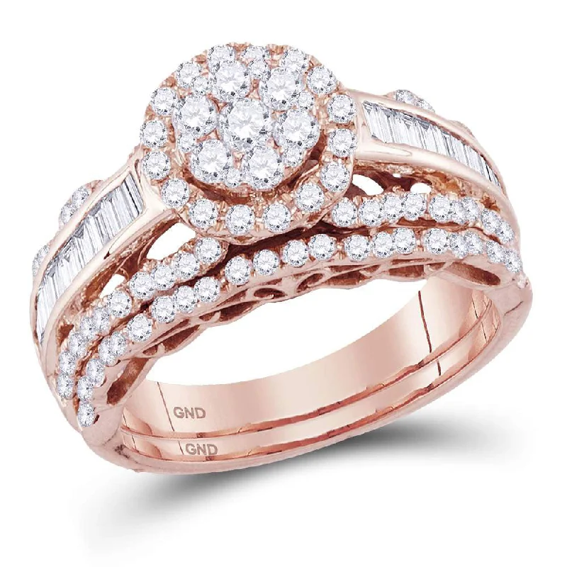 Ridge-set ring-14kt Rose Gold Round Diamond Cluster Bridal Wedding Ring Band Set 1-1/2 Cttw