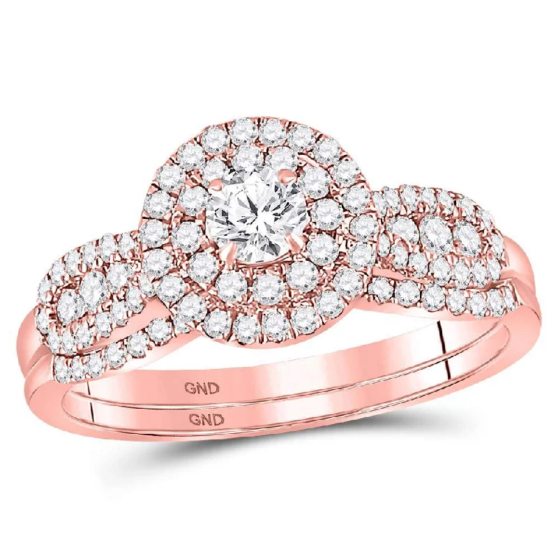 Radiant silver ring-14kt Rose Gold Round Diamond Halo Bridal Wedding Ring Band Set 3/4 Cttw