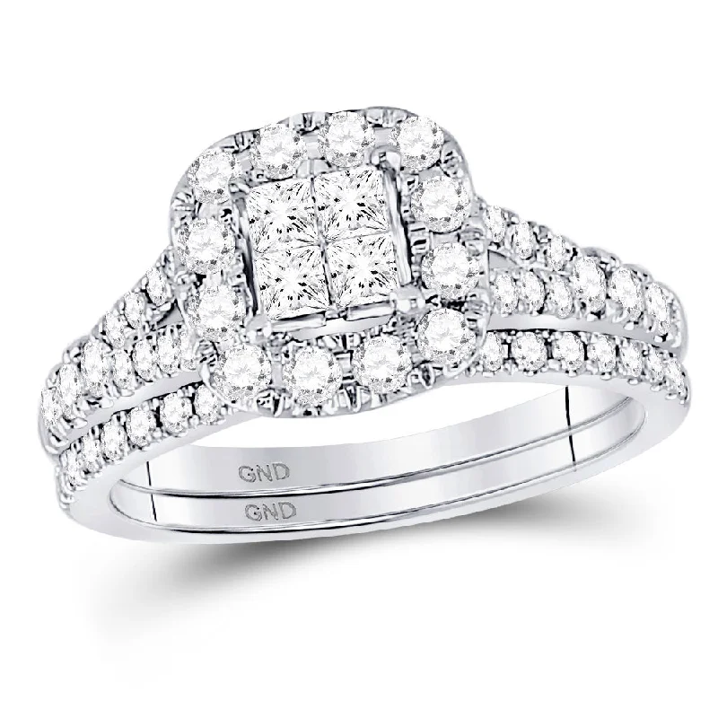 Sparkling gem ring-14kt White Gold Princess Diamond Cluster Bridal Wedding Ring Band Set 1 Cttw