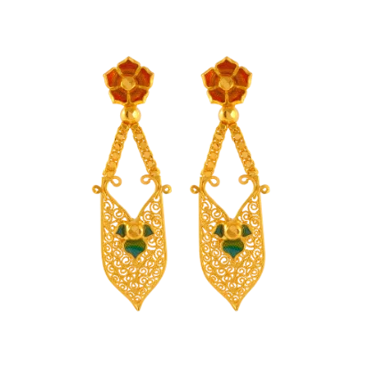 Crafted gold earrings-22k Gold Drop Earring With Meenakari Floral Work