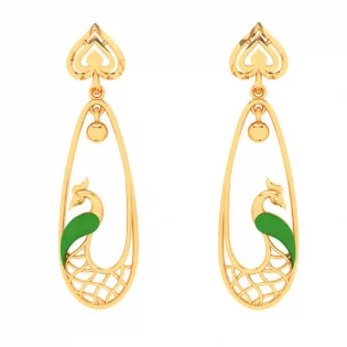 Hammered gold earrings-22k Gold Earrings With Intricately Designed Green Peacock From Mugdhaa Collection