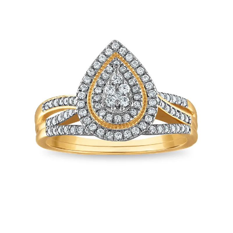 Faint silver ring-3/8 CTW Diamond Halo Cluster Pear Shaped Bridal Set in 10KT Yellow Gold