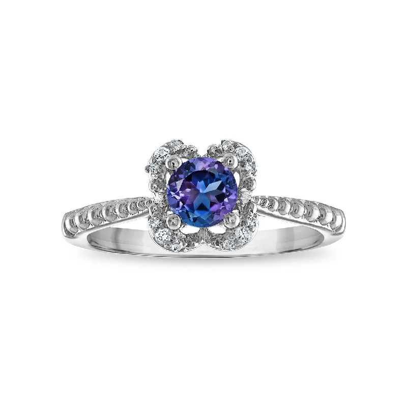 Grooved pattern ring-5MM Round Alexandrite and White Sapphire Birthstone Flower Halo Ring in Sterling Silver