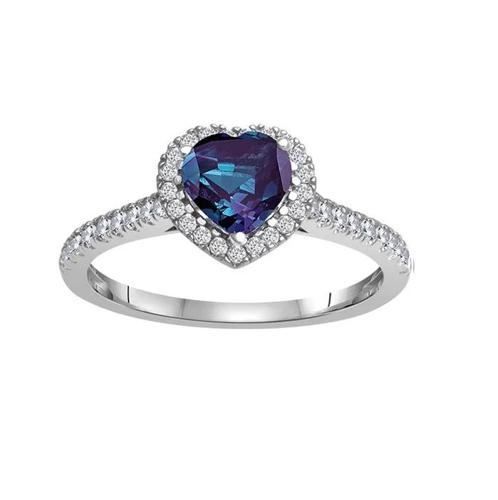 Shiny gem ring-6MM Heart Shape Alexandrite and White Sapphire Birthstone Heart Ring in 10KT White Gold