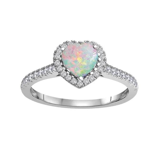 Vine-curl ring-6MM Heart Shape Opal and White Sapphire Birthstone Heart Halo Ring in 10KT White Gold