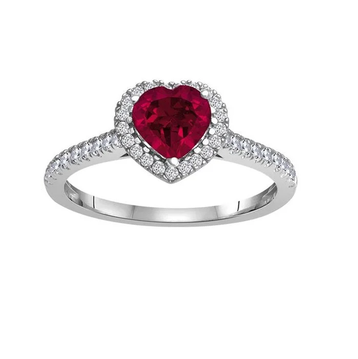 Polished steel ring-6MM Heart Shape Ruby and White Sapphire Birthstone Heart Ring in 10KT White Gold