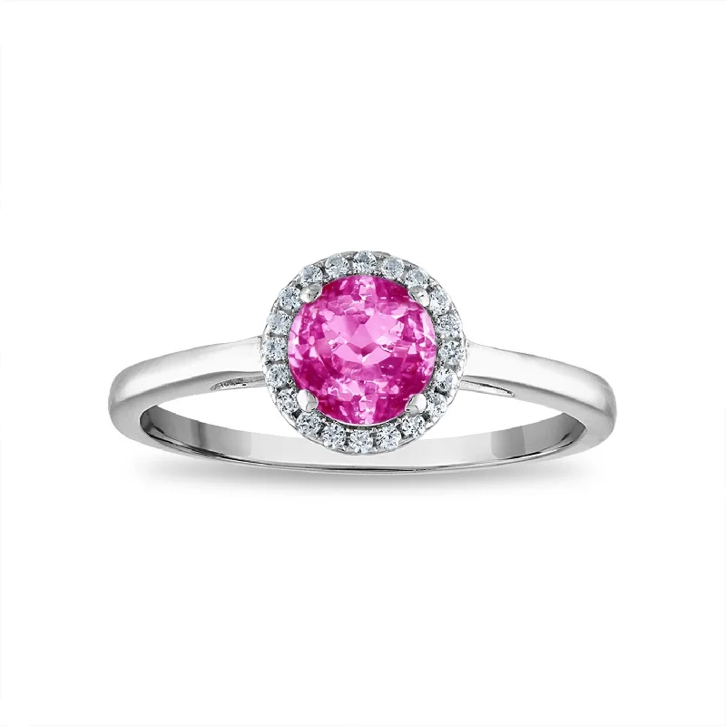 Tesselated band ring-6MM Round Pink Sapphire and White Sapphire Birthstone Halo Ring in Sterling Silver