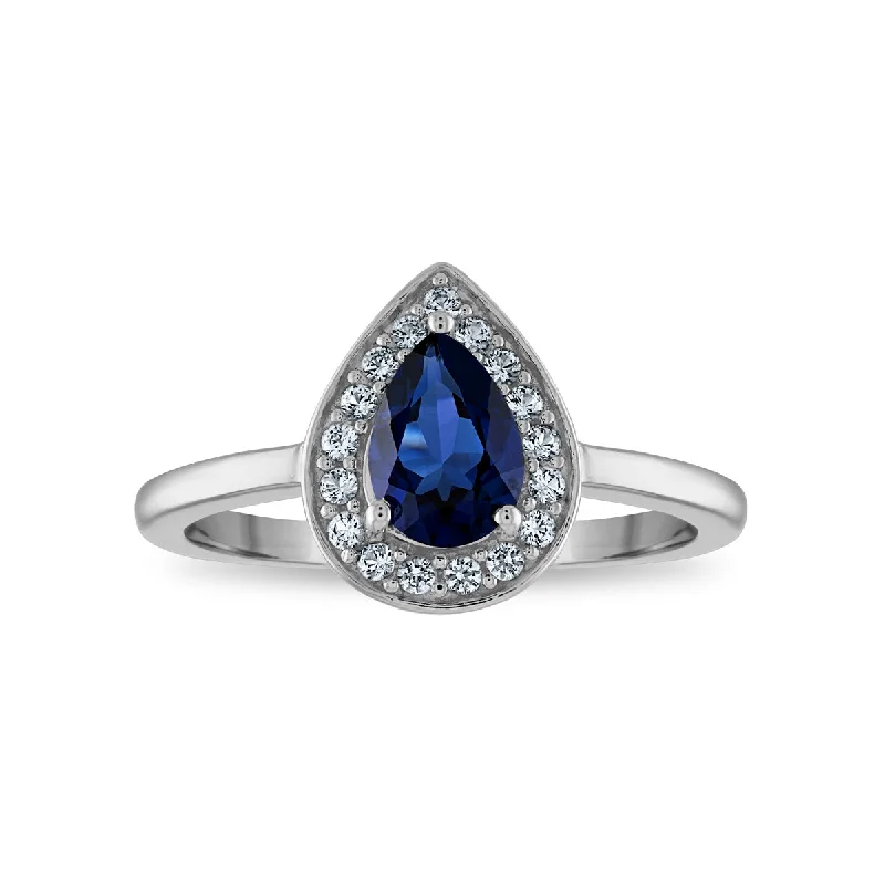 Fine-cut ring-7X5MM Pear Ceylon Sapphire and White Sapphire Halo Ring in Rhodium Plated Sterling Silver