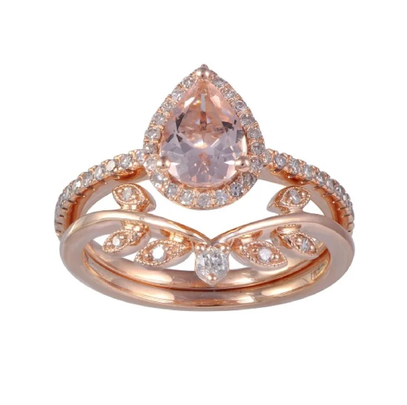 Wild pearl ring-8X6MM Pear Morganite and Diamond Bridal Set Ring in 10KT Rose Gold