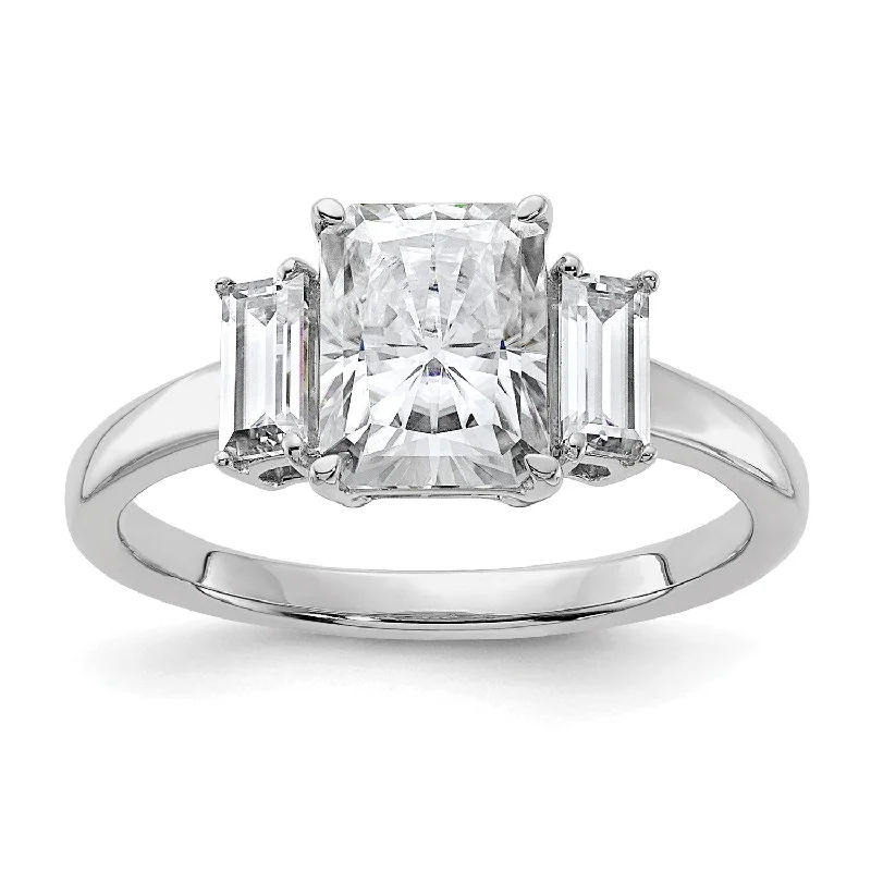 Buried ring-8X6MM Princess Cut Moissanite and Moissanite Three Stone Ring in 14KT White Gold; Size 7