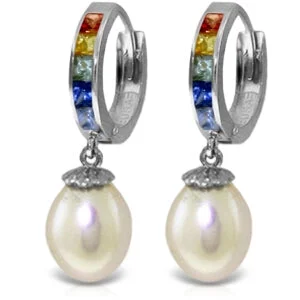 Offset stone earrings-9.3 Carat 14K Solid White Gold Hoop Earrings Multicolor Sapphire Pearl