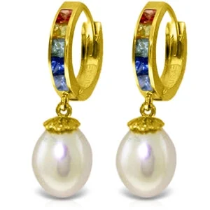 Natural sapphire earrings-9.3 Carat 14K Solid Yellow Gold Hoop Earrings Multicolor Sapphire Pearl