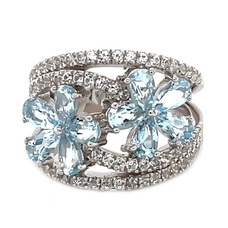 Shiny gem ring-925 Sterling Silver Aquamarine and Created White Sapphire Gemstone Flower Ring