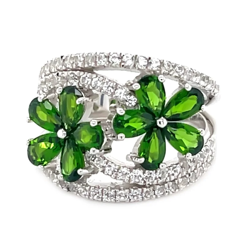 Ruffled rim ring-925 Sterling Silver Chrome Diopside and Created White Sapphire Gemstone Flower Ring